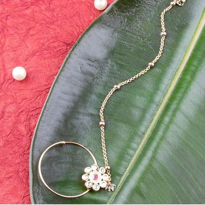 Gold Plated Polki Nose Ring With Chain