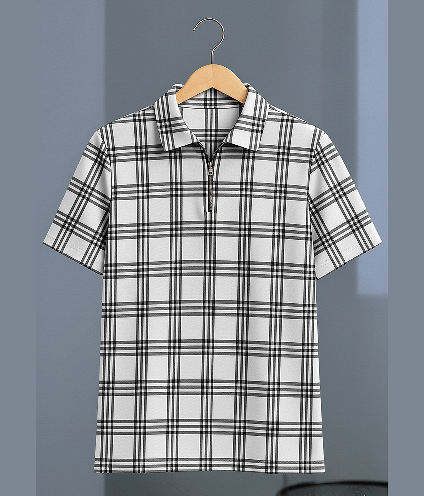 Try This Men Cotton Blend Regular Fit Checks Polo T Shirt ( White )