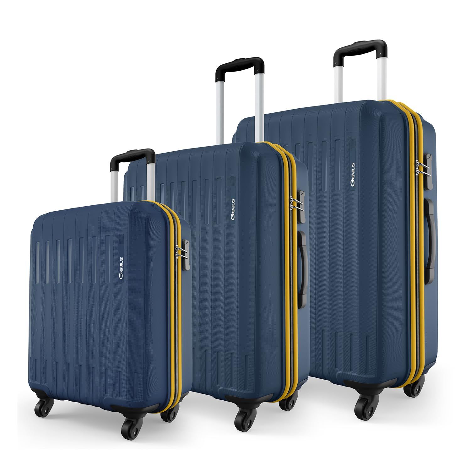 Safari Genius Alley Set of 3 (Cabin+ Medium + Large) Trolley Bags Hard Case Polypropylene, 4 Wheels, 360 Degree Wheeling Luggage, Travel Bag, Suitcase for Travel, Trolley Bags for Travel, Navy Safari Genius Alley Set of 3 (Cabin+ Medium + Large) Trolley