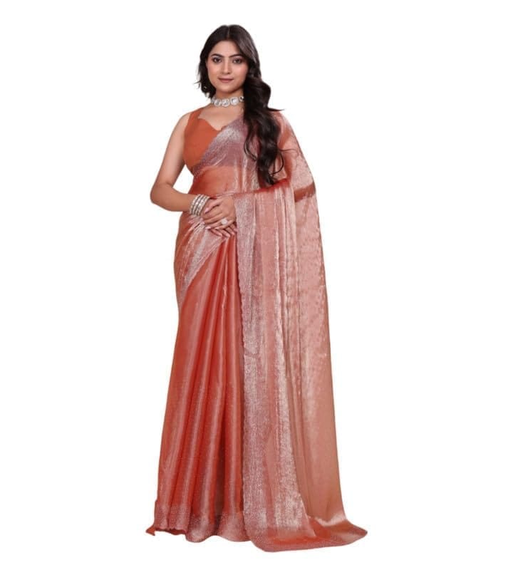 Women's Poly Silk Embellished Bollywood Saree With Unstitched Blouse 5.5Mtr (Orange)-PID62030
