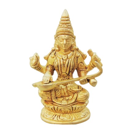 Brass Saraswati Ji Statue - Decorative Home Temple Murti, Height : 3.6 Inch (BSMAS1261 A)
