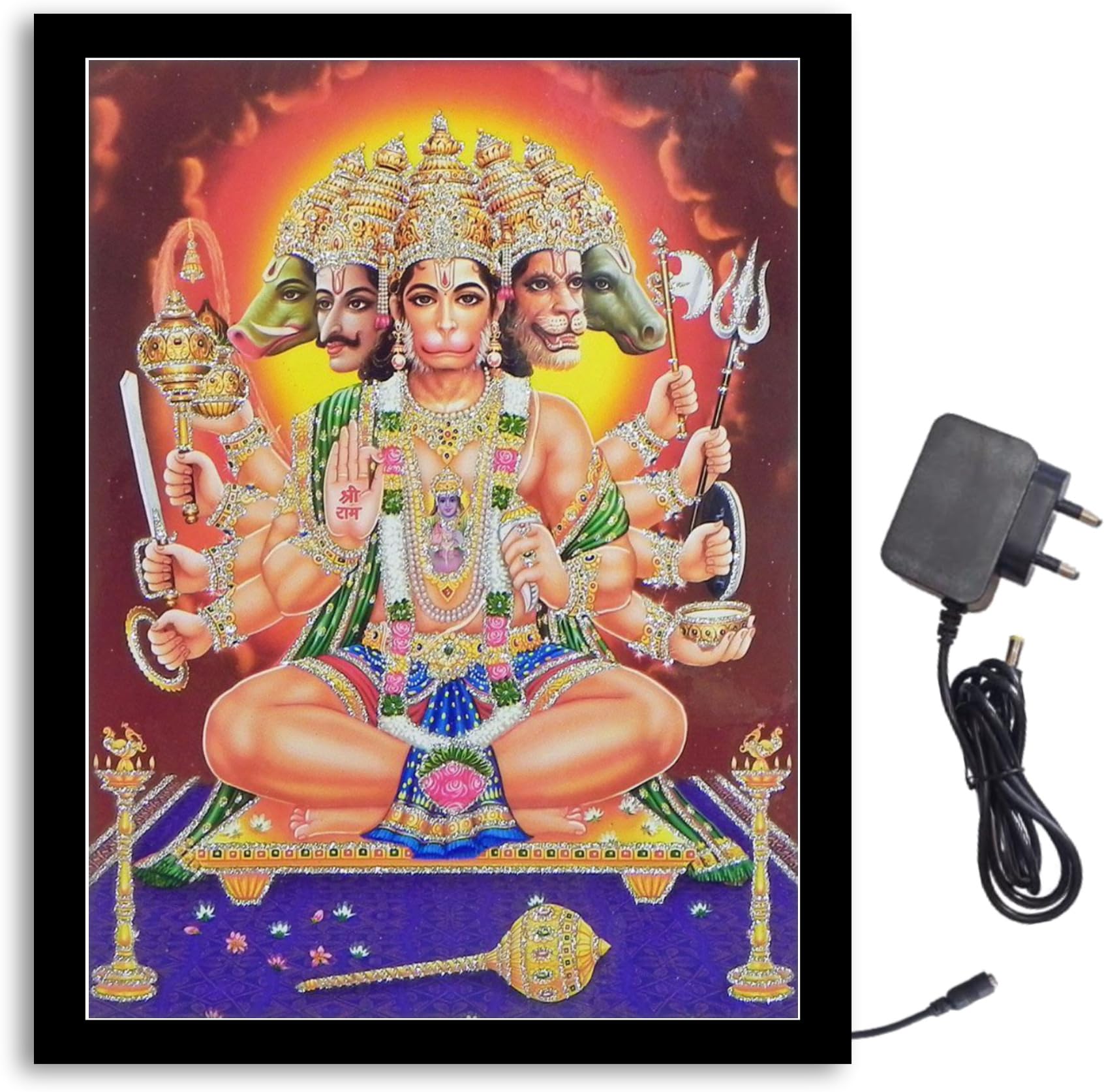 NOKKES Panchmukhi Hanuman Ji Light Photo Frame 8X10 inch Led Light photo Frame With Light Adaptor Led Light Photo Frame Black Color Photo Frame_AQW241