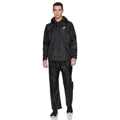 Symactive Reversible Standard Length Raincoat | High Neck Hood Jacket, Water-Resistant Pant and Carry Bag | Water-Resistant PVC Lining | Adjustable Button Cuffs | (Unisex, Black) Large