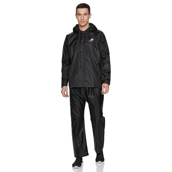 Symactive Reversible Standard Length Raincoat | High Neck Hood Jacket, Water-Resistant Pant and Carry Bag | Water-Resistant PVC Lining | Adjustable Button Cuffs | (Unisex, Black) Large