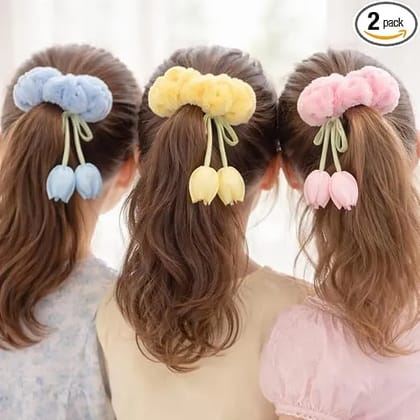 Fur Tulip Flower Scrunchies for Women & Girls 2Pcs | Fluffy Soft Hair Scrunchies | Elastic Ponytail Bands | Multicolor Stylish Hair Accessories