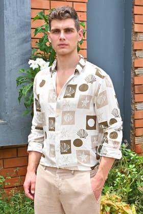 Hira - Cotton Linen Printed Shirt - Beige-M-40 / BEIGE