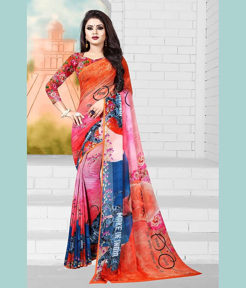 Gazal Fashions Georgette Printed Saree With Unstitched Blouse Piece ( Orange )