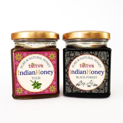 IndianHoney Black Forest (Honeydew) Honey & Ayurvedic & Stress-Relief Tulsi Infused Honey Combo Pack (230gm & 230gm)