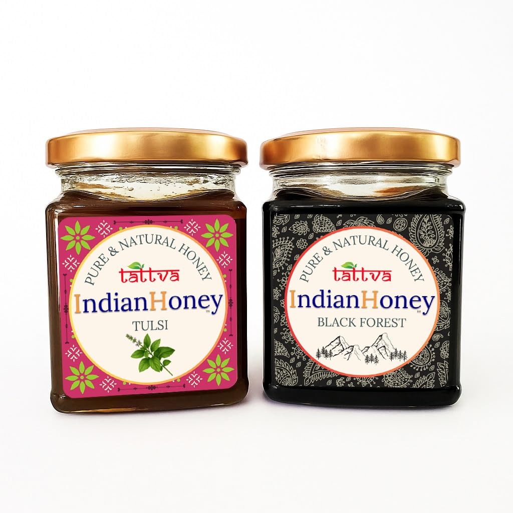 IndianHoney Black Forest (Honeydew) Honey & Ayurvedic & Stress-Relief Tulsi Infused Honey Combo Pack (230gm & 230gm)