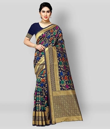 NENCY FASHION Cotton Blend Printed Saree With Unstitched Blouse Piece ( Blue )