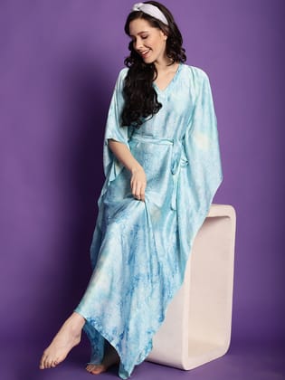 Blue Abstract Printed Satin kaftan Maxi Nightdress-S