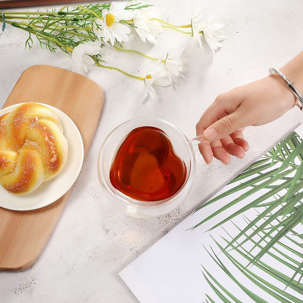 Heart Shaped Transparent Double Walled Insulated Glass Coffee Mugs or Tea Cups with Unique Handle (410 Ml)