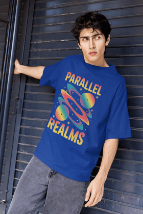 Parallel Realms –  Tee Round Neck Drop Shoulder Graphic Printed Oversized Cotton T-shirt-S / BLUE