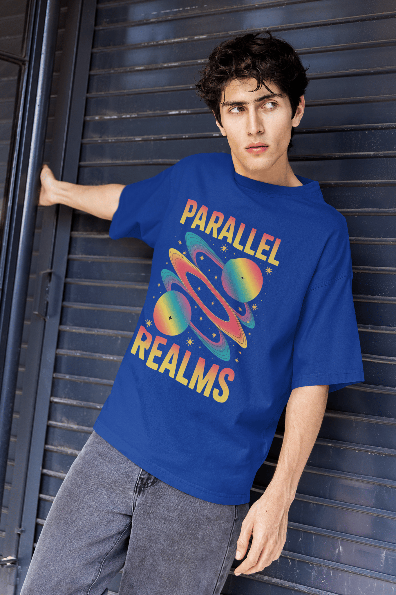 Parallel Realms –  Tee Round Neck Drop Shoulder Graphic Printed Oversized Cotton T-shirt-S / BLUE