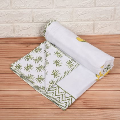 Hand Block Printed Cotton Baby dohar blanket, 60x40 inches (100x150 cm) Green Yellow Dolphin