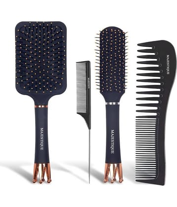 Majestique Crown Hair Brush & Paddle, Flat, Brush Tail Comb & Wide Tooth Comb For Detangling - 4Pcs