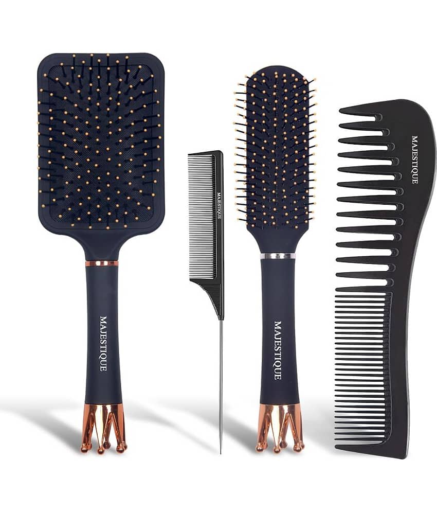 Majestique Crown Hair Brush & Paddle, Flat, Brush Tail Comb & Wide Tooth Comb For Detangling - 4Pcs