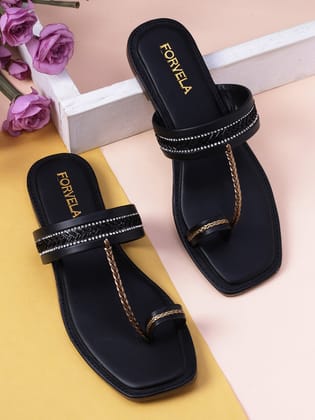 FORVELA Women Jhumka Flat Sandal-Black / 8 UK / 41 EURO