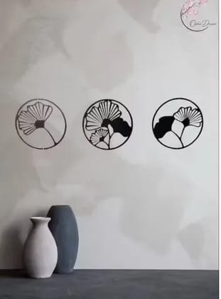 Oshi Decor Modern Metal Wall Art with Ginkgo Leaf Design | Circular Black Iron Wall Hanging Decor | Contemporary Home, Living Room, Bedroom & Office Wall Decor (Set of 3)
