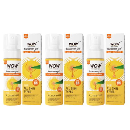WOW Skin Science Daily Shield+ Sunscreen Gel SPF 55 PA++++ | Broad Spectrum UVA UVB & Blue Light Protection | Lightweight Gel, No White Cast | Water Resistant up to 2 Hrs | For All Skin Types | 100 ml | Pack of 3 WOW Skin Science Daily Shield+ Sunscreen 