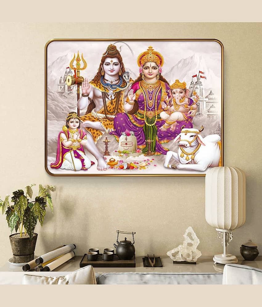 SAF Shiv Parivar Wall Painting | Lord Shiva Parvati Ganesh Kartikeya with Nandi Art | Sparkle Lamination | Golden Frame MDF Poster for Home Temple Pooja Room Spiritual Décor
