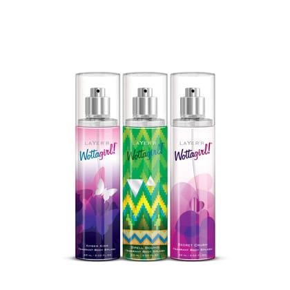 LAYER'R Wottagirl Secret Crush Spell BoundAmber Kiss Body Spray For Women, aquatic citrus; floral, 60 millilitre LAYER'R Wottagirl Secret Crush Spell BoundAmber Kiss Body Spray For Women, aquatic citrus; floral, 60 millilitre - 60 ml (Pack of 3)