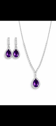 Purple Crystal Teardrop Pendant Necklace Set with Matching Earrings (Silver & Purple) | Elegant Design | Wedding & Party Wear