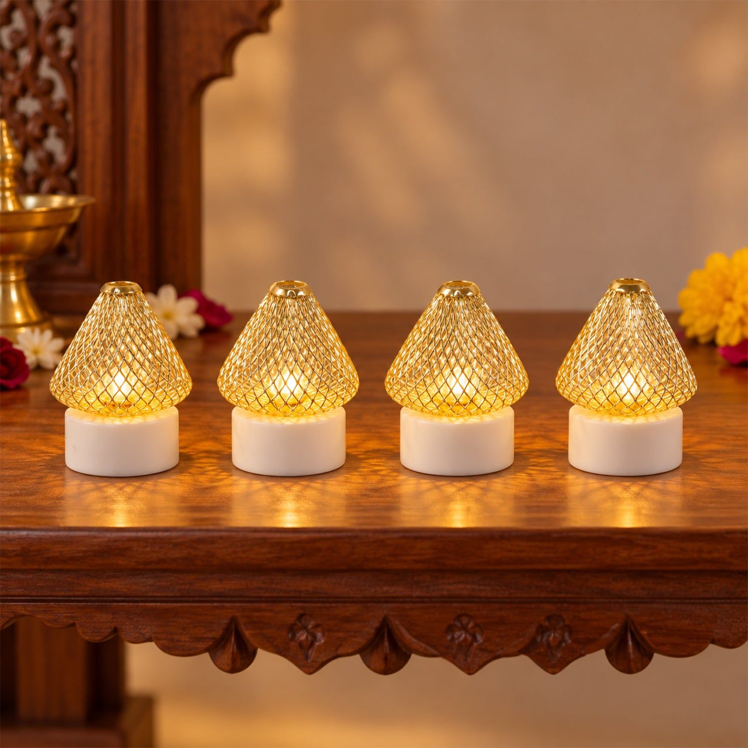 Antique Style Golden LED Tealight Lamps for Festive Table Decoration (4 Pc Set)
