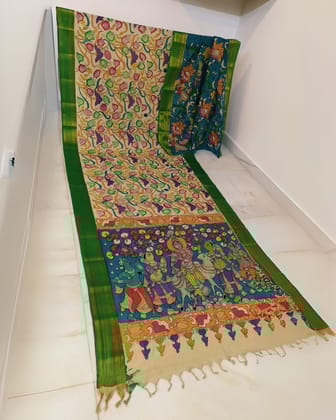 Syaahi Mangalagiri Handpainted Multicolor Authentic Saree