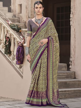 Yellow Pure Crepe Printed Patola Designer Saree