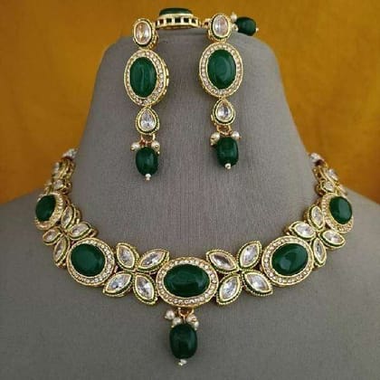 Emerald Green Kundan Gold Plated Necklace Set with Clear AD Stones Earrings