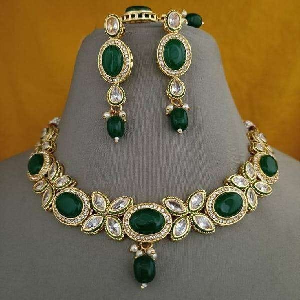 Emerald Green Kundan Gold Plated Necklace Set with Clear AD Stones Earrings