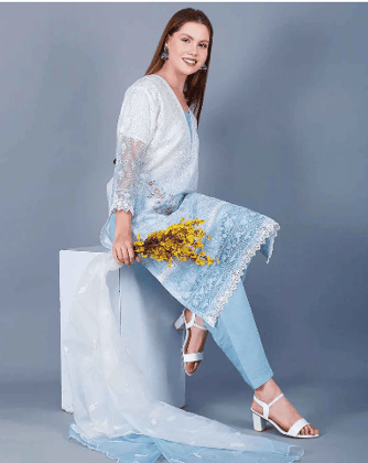 Sufiana White & Blue Embroidered 3 Piece Pakistani Ethnic Wear Suit for Women in Premium Georgette