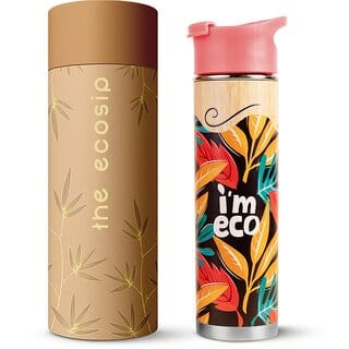 IMECO Bamboo Bottle Stainless Steel Printed Bottle Premium Bottle Hot Cold Leakproof Comes with Strainer Double-Wall Vaccum Insulated Travel Adult Kids (Harmony 500 ML)