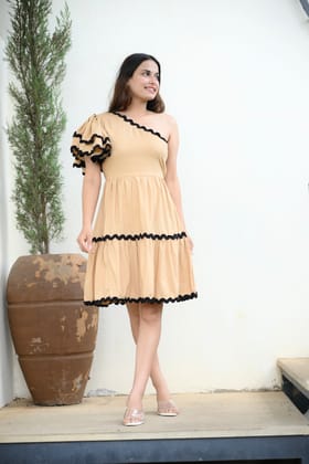 Beige One Shoulder Ric Rac Ruffle Dress-S