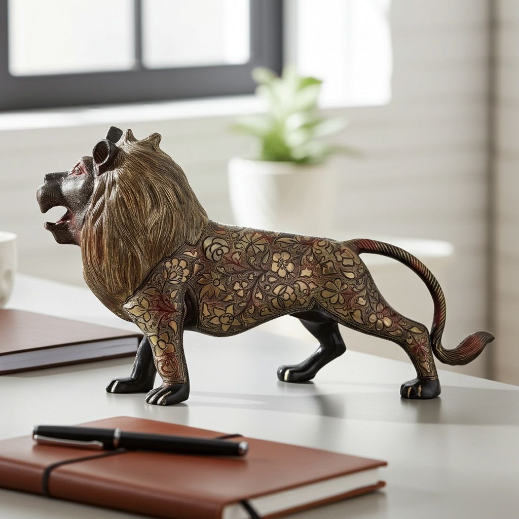 Brass Roaring Lion Statue Showpiece � Powerful Brass Lion Idol for Home Decor & Gifting, Height : 14 Inch (ANMAS010 B)