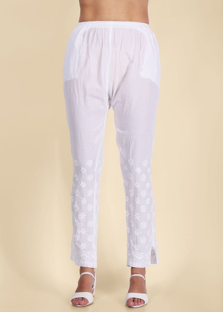 Lucknow Chikankari Handmade White Stretchable Cotton Pants for Girls