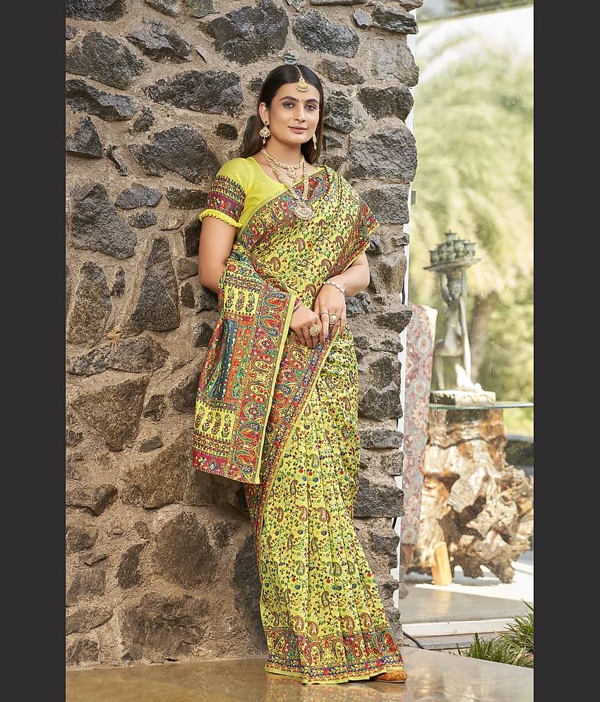 Sariya Jacquard Printed Saree With Unstitched Blouse Piece ( Green )