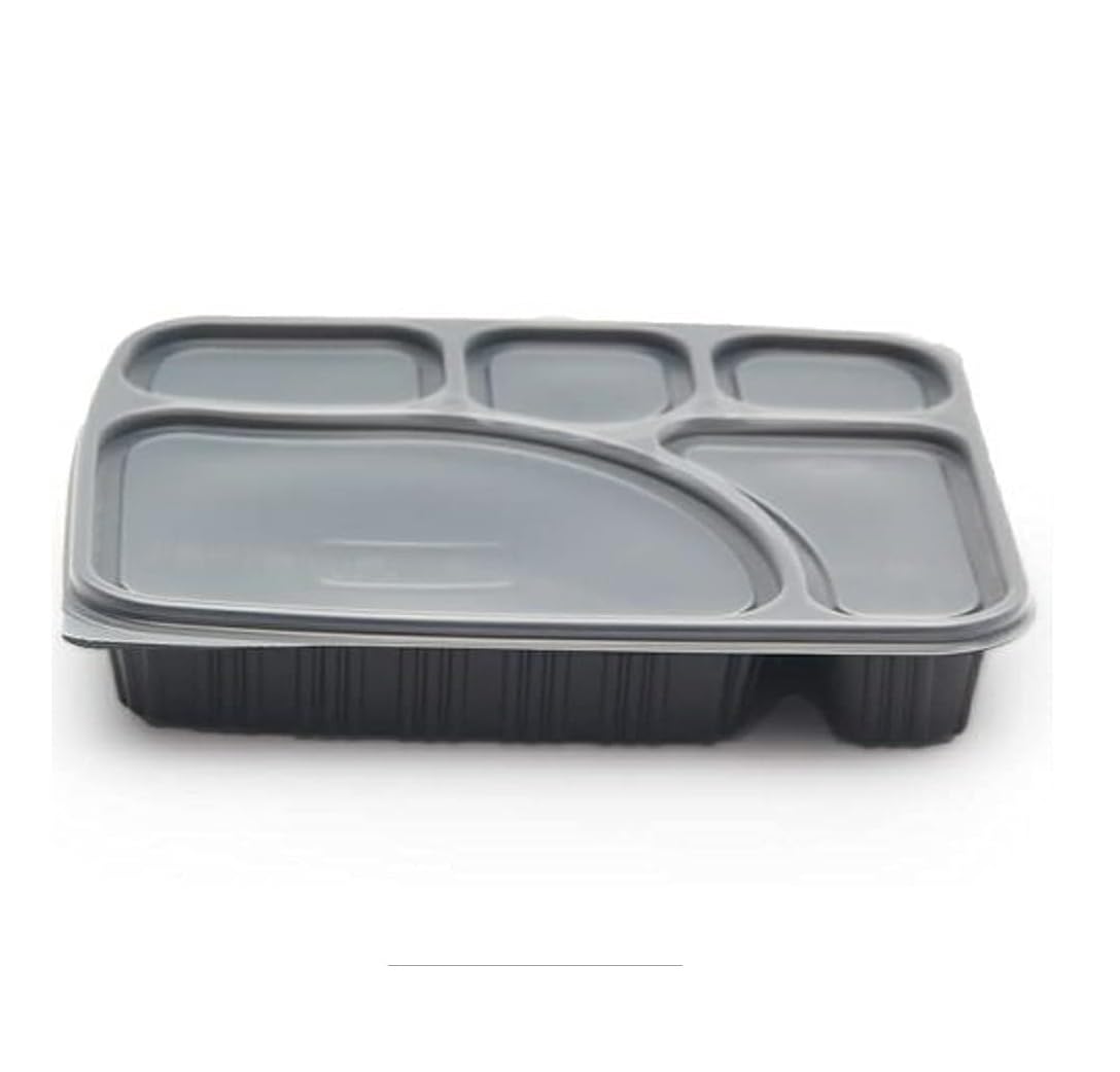 Divatos 3CP Meal Tray with LID Black | Microwave & Fridge Safe | Reusable 3 Compartment Plates for Dinner Lunch | BPA Free Food Grade | Restaurants & Cloud Kitcken Food Delivery (Set of 25)