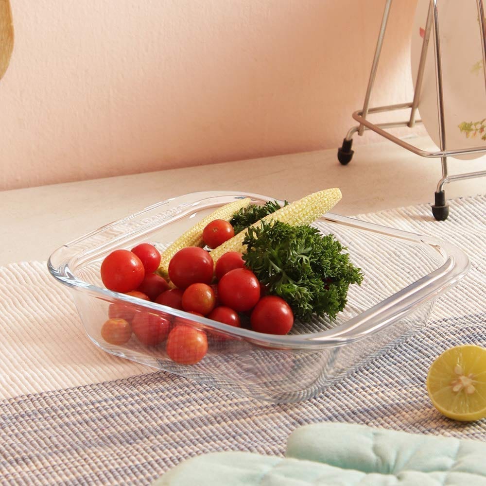 Femora Borosilicate Glass Solid Mixing Bowl and Square Dish, (Transparent, Bowl-2100ML, Dish-1700ML)- Set of 2