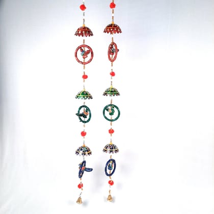 Latkan Toran Wall Hanging | Rajasthani Hangings with Bells - Elephant & Peacock in Ring Design - for Main Door, Entrance, Wall, Home, Diwali Decoration - 38 Inch (Pack of 2)-Peacock