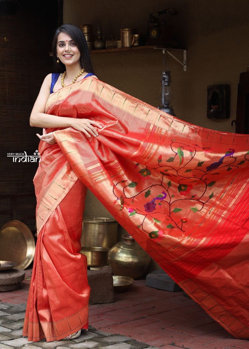 The Exclusive - Limited Edition Muniya Border - Authentic Handloom Pure Silk Muniya Border Paithani with all over Zari work on Saree and unique Pallu in Red Color (High Quality Silk and Weaving)