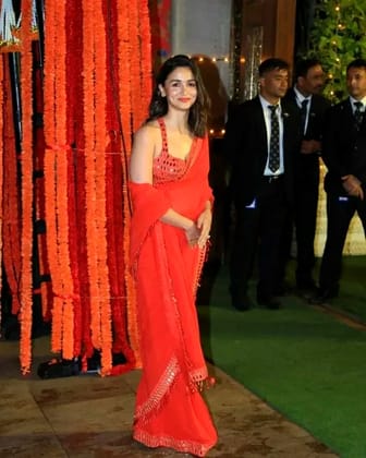 Georgette Red Saree with Mirror Work (Color - Red) by SHIV TEXTILES