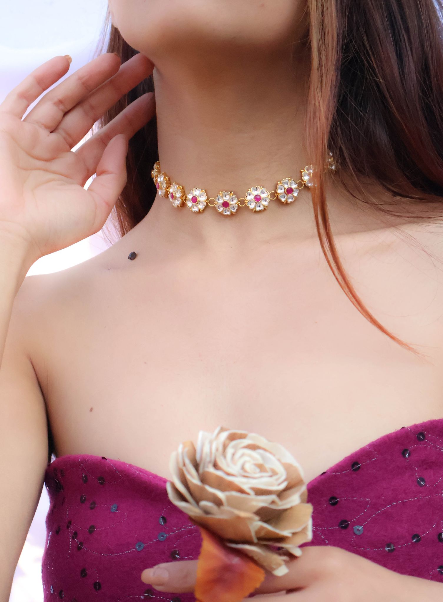 Purva Pink Floral Choker Necklace-Pink