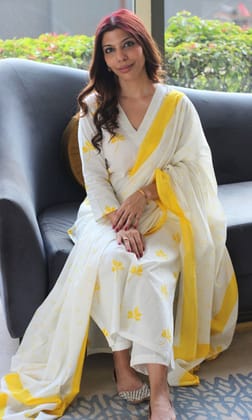 Cotton White and Yellow Maple Print Suit Set with Cotton Printed Dupatta-XXS