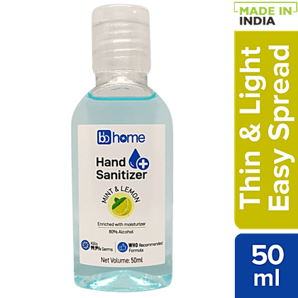 BB Home Hand Sanitizer - Mint & Lemon, Alcohol Based, Kills 99.99% Germs, Enriched with Moisturizer, 50 ml