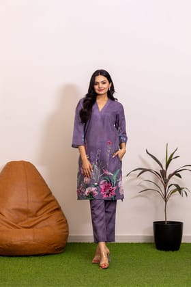 Lavender Gardenia Floral Kurti Set-XS