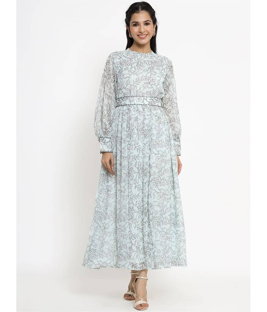 Juniper Women Chiffon Printed Ethnic Dress ( Light Blue )
