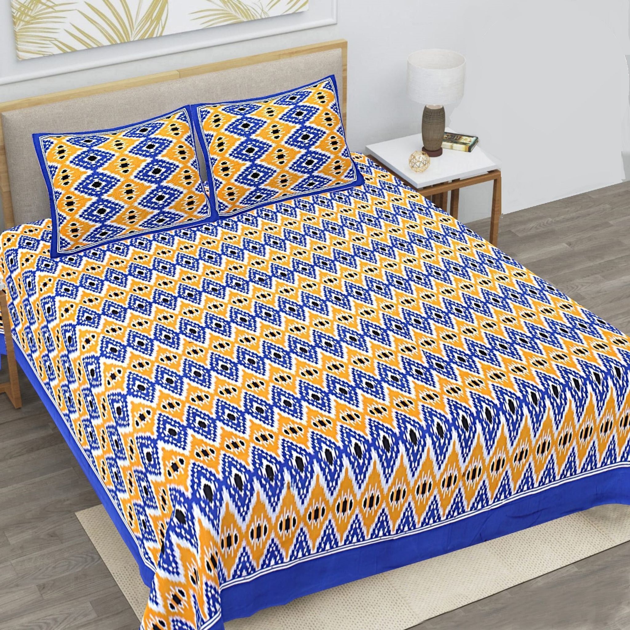 3001-Hometrade India-Standard King Size (90*108 Inches)-Pure Cotton Jaipuri Double Bedsheet With Matching Pillow Cover