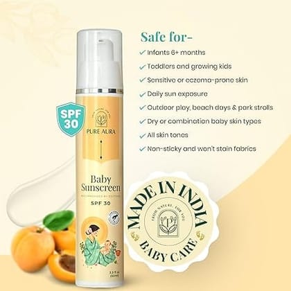 Pure Aura Baby Sunscreen 50 gm | SPF 30 Kids Sunscreen | 100% Mineral & Ayurvedic | Chemical-Free | Outdoor Safe | Sensitive Skin Friendly |